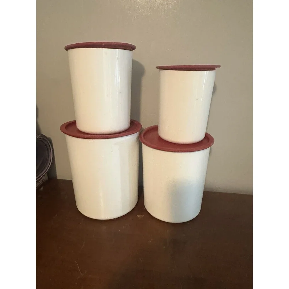 4-Tupperware One Touch Nesting Canisters Set w/ Red Lids 2416B 24188 24200 2422B